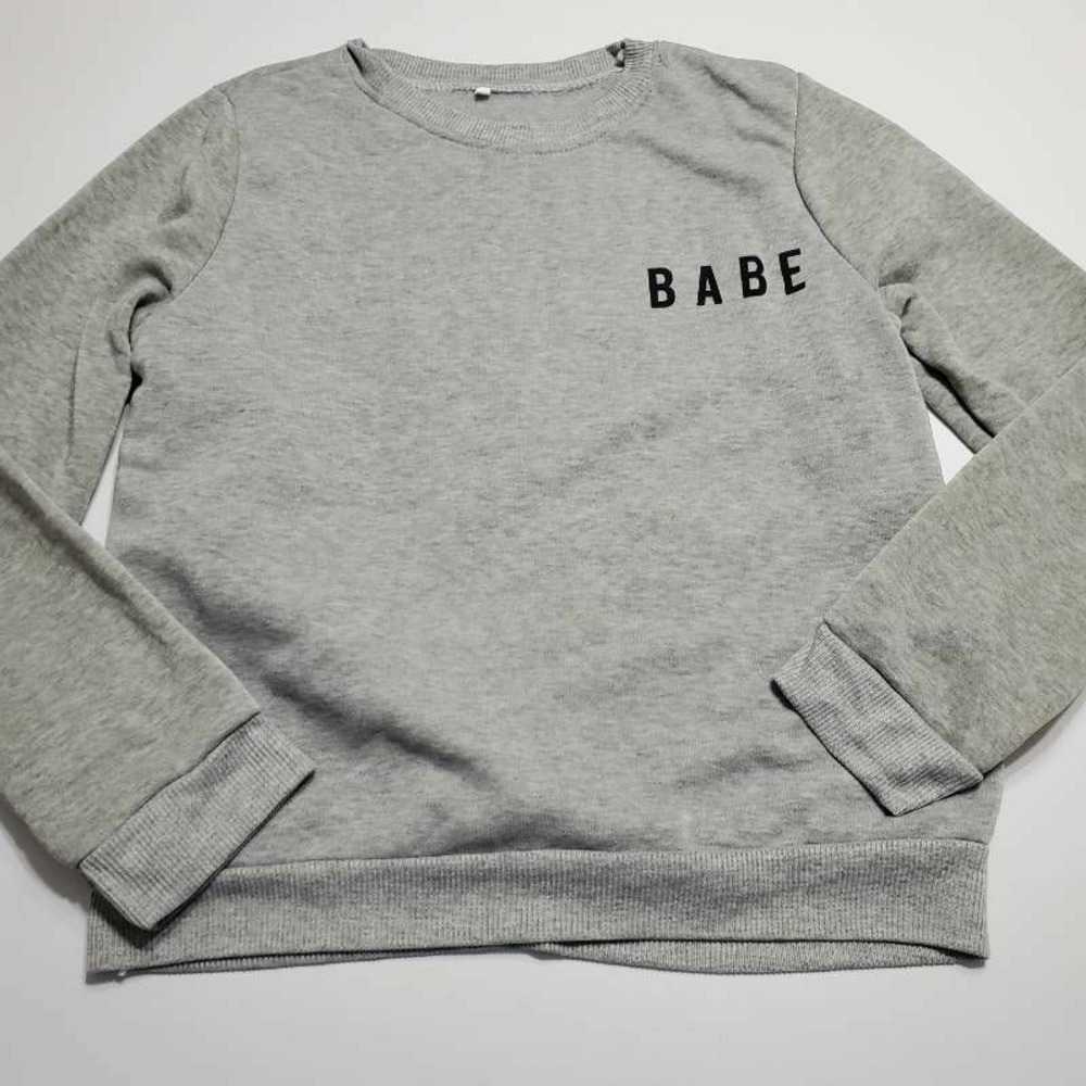 Womens Sweatshirt Crew Gray Heathered Babe Pullover Long Sleeve Fleece Lined XL